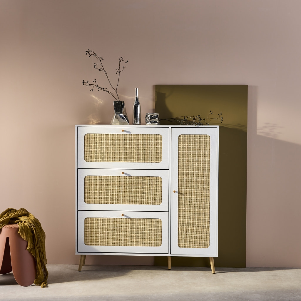 Meuble à chaussures décor bois et cannage 3 abattants 1 porte BOHÈME
