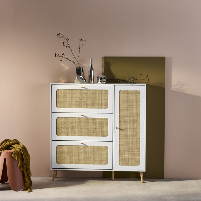 Meuble à chaussures décor bois et cannage 3 abattants 1 porte BOHÈME