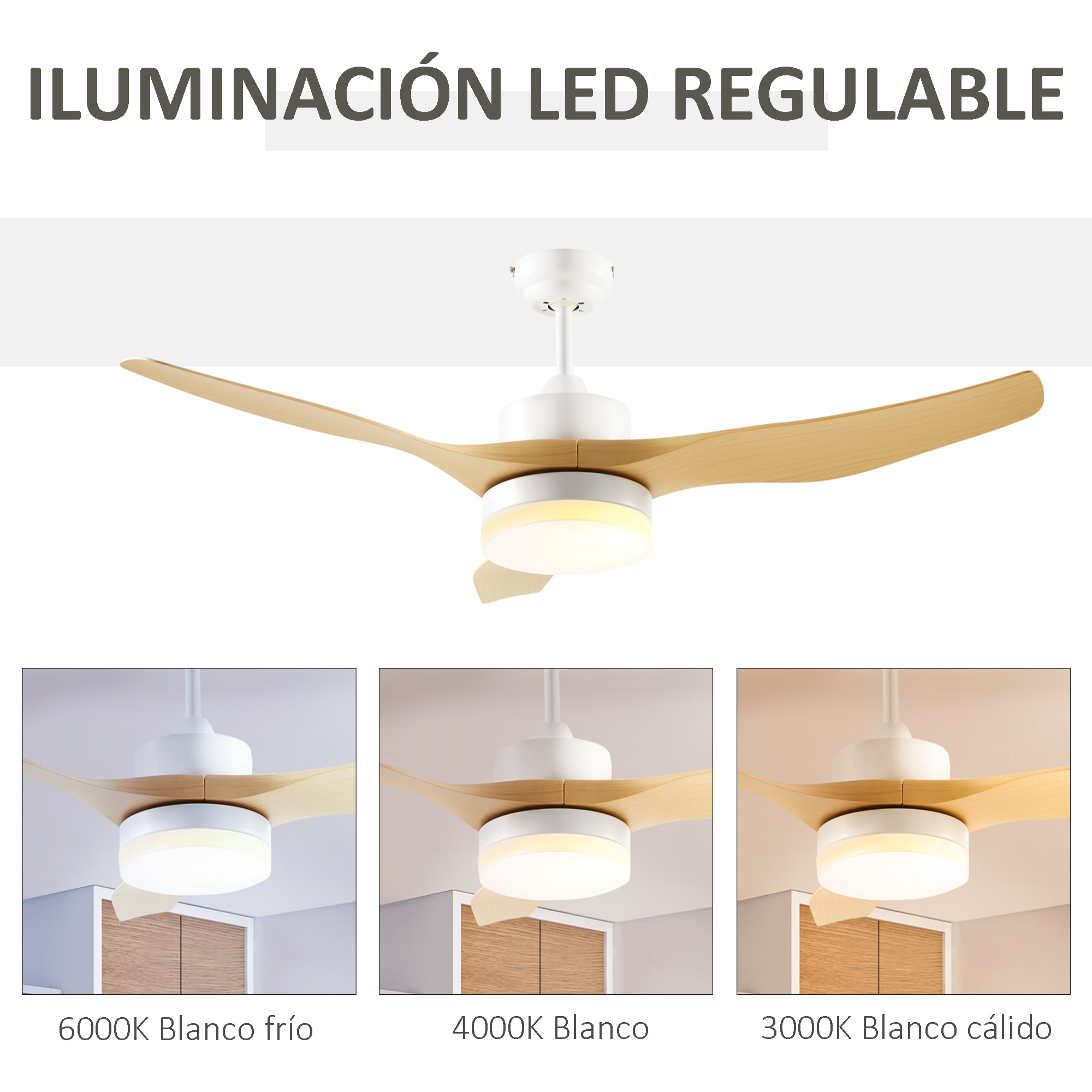 Ventilador de Techo con Luz LED Motor DC 20,5W con Mando a Distancia Ajustable de 3 Niveles 3 Aspas Reversibles 6 Velocidades y Temporizador Ø132x40 cm Natural