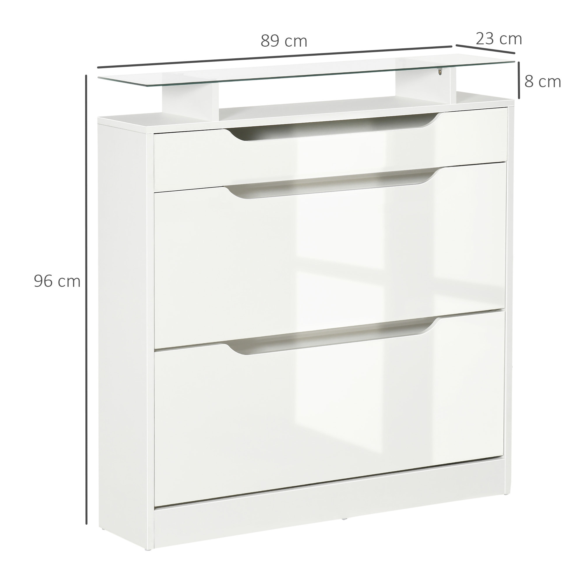 Mueble Zapatero de 2 Puertas Zapatero Estrecho para 16 Pares de Zapatos con Cajón Estante Abierto y Encimera de Vidrio para Pasillo Entrada 89x23x96 cm Blanco