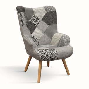 Poltrona HAVANA in tessuto patchwork grigio e gambe in legno