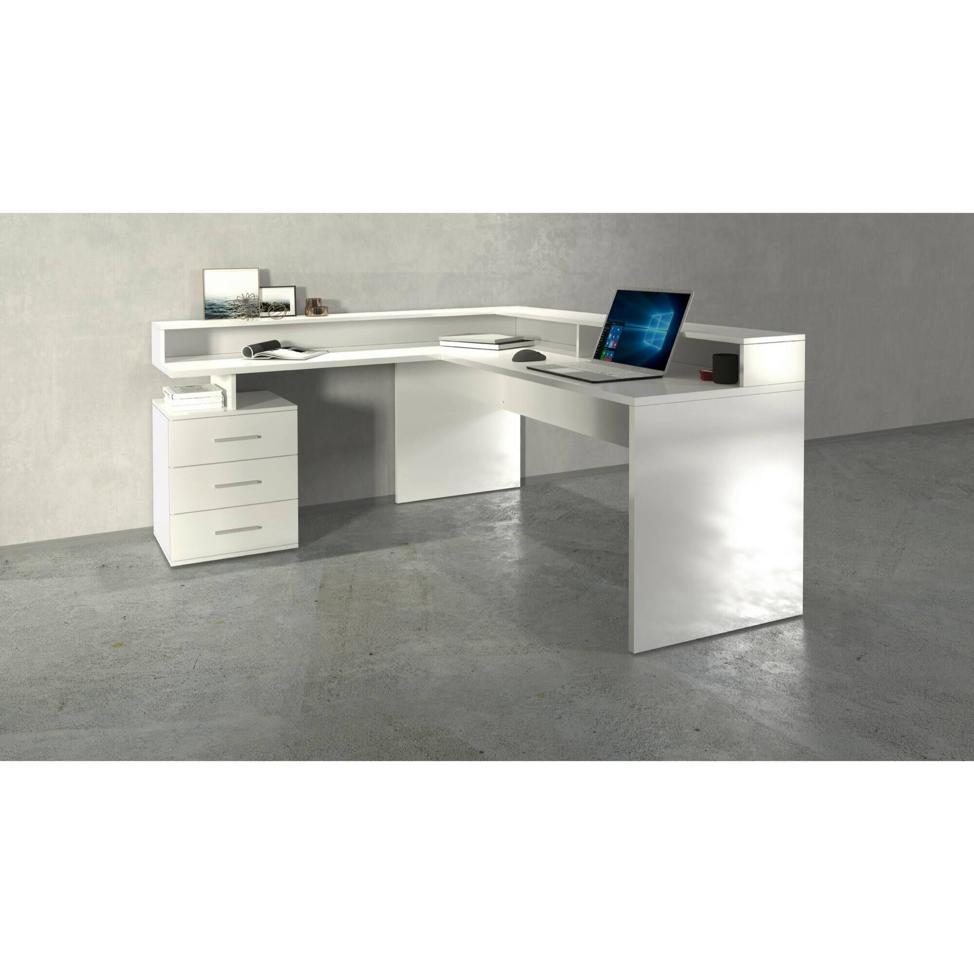 Scrivania Dcerretell, Scrittoio angolare con sopralzo, Scrivania ufficio multiuso, 180x90h160 cm, Bianco