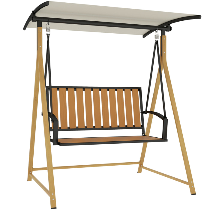 Columpio de Jardín Exterior de 2 Plazas Grano de Madera Balancín de Jardín Exterior con Toldo Ajustable y Estructura de Metal Carga 240 kg 142x112x162 cm Natural y Beige