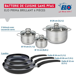 Ensemble de 3 Poêles de cuisson 24, 28 et 32 cm et 3 faitouts 12, 14 et 20 cm Elo Prima Brillant