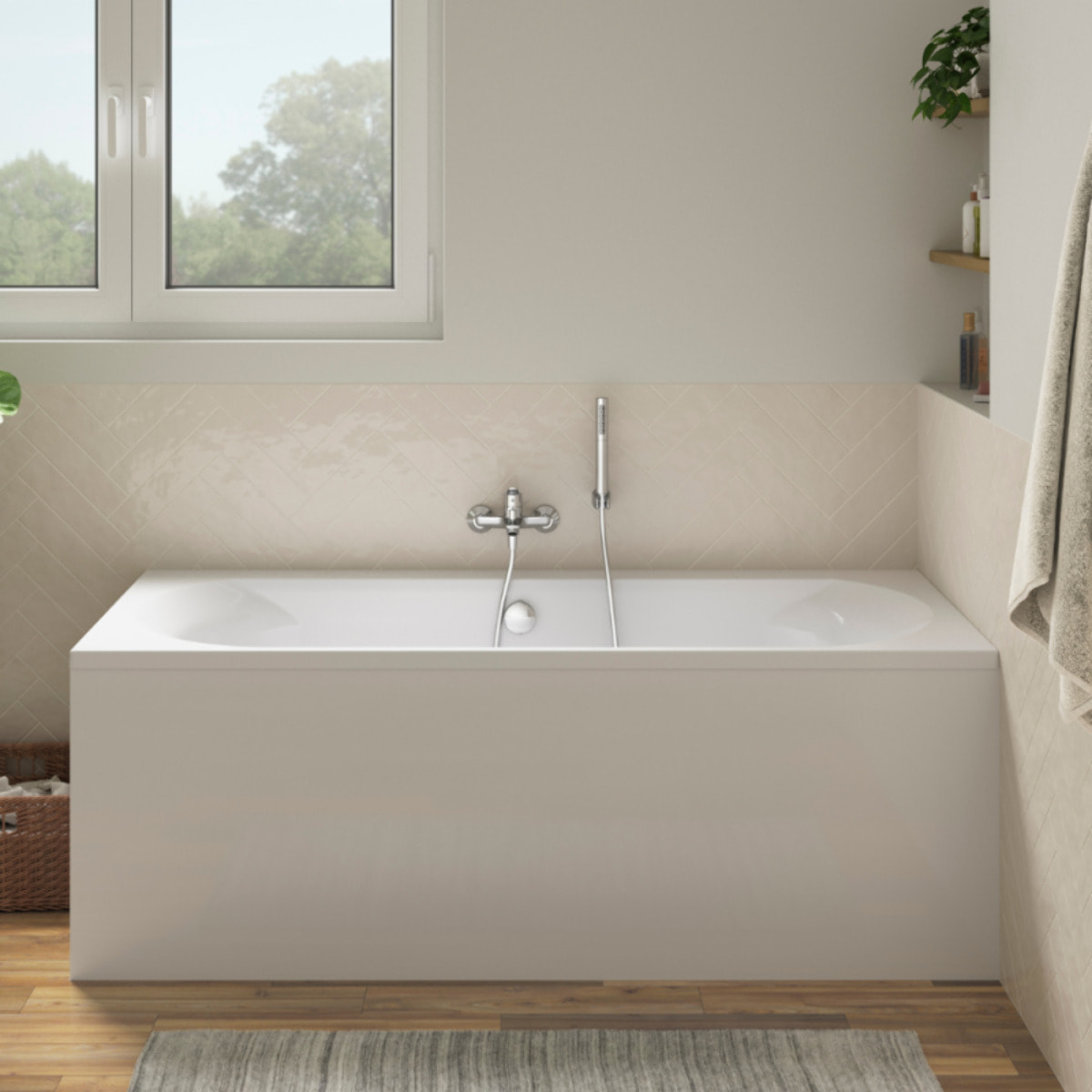 Pack baignoire Elise + tablier en angle + mitigeur bain douche mural Aimé chromé + vidage