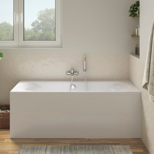 Pack baignoire Elise + tablier en angle + mitigeur bain douche mural Aimé chromé + vidage