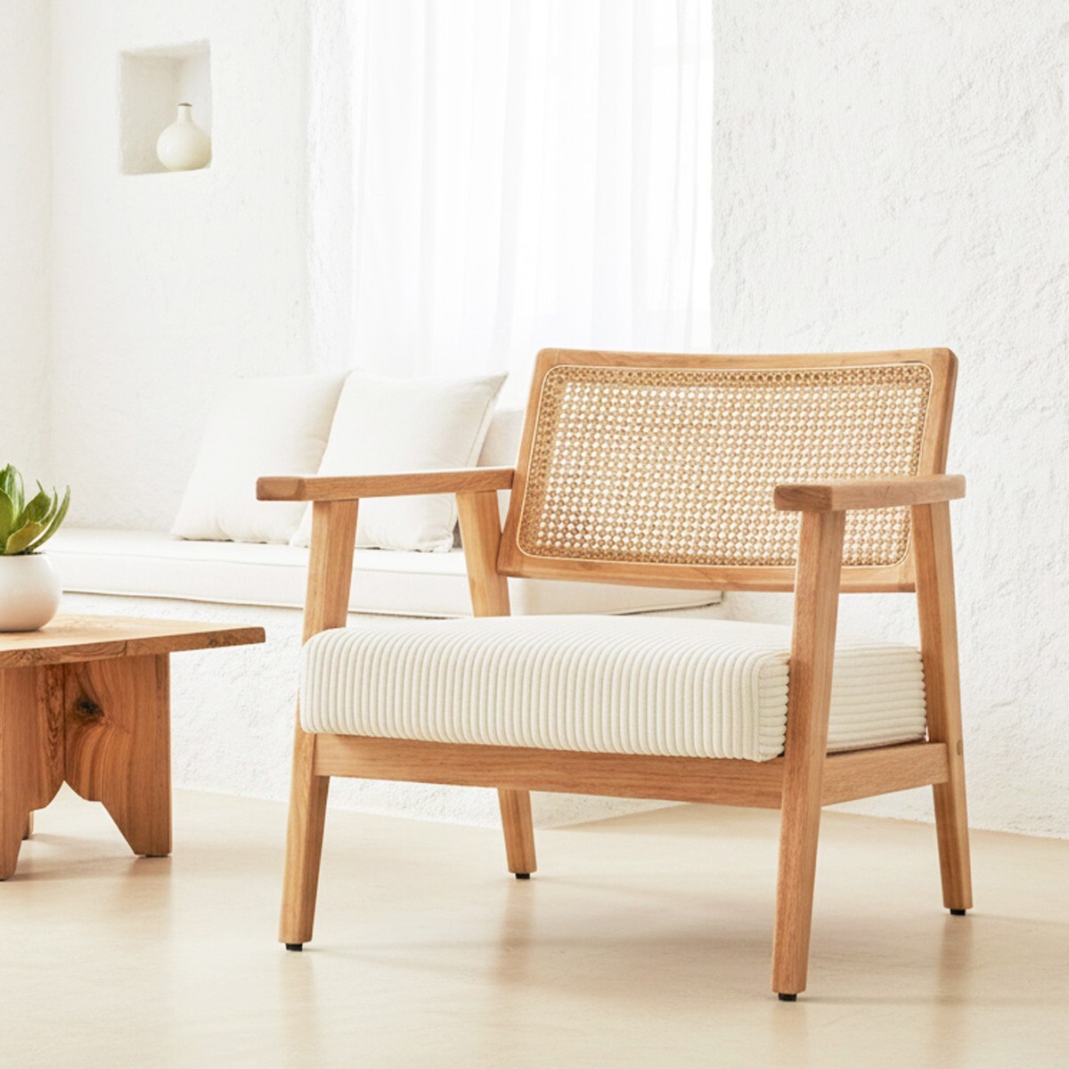 Fauteuil en velours côtelé et cannage - TIM