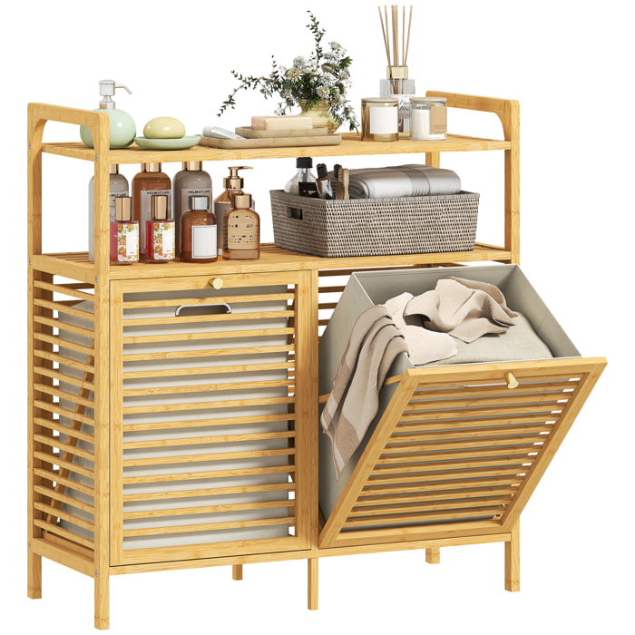 Mueble de Baño con Cesto Ropa Sucia, Mueble Ropa Sucia de Bambú, 2 Bolsas de Ropa Extraíbles y Lavables con Asa, 2 Estantes Abiertos, para Lavadero, 82x33x88 cm Natural y Crema