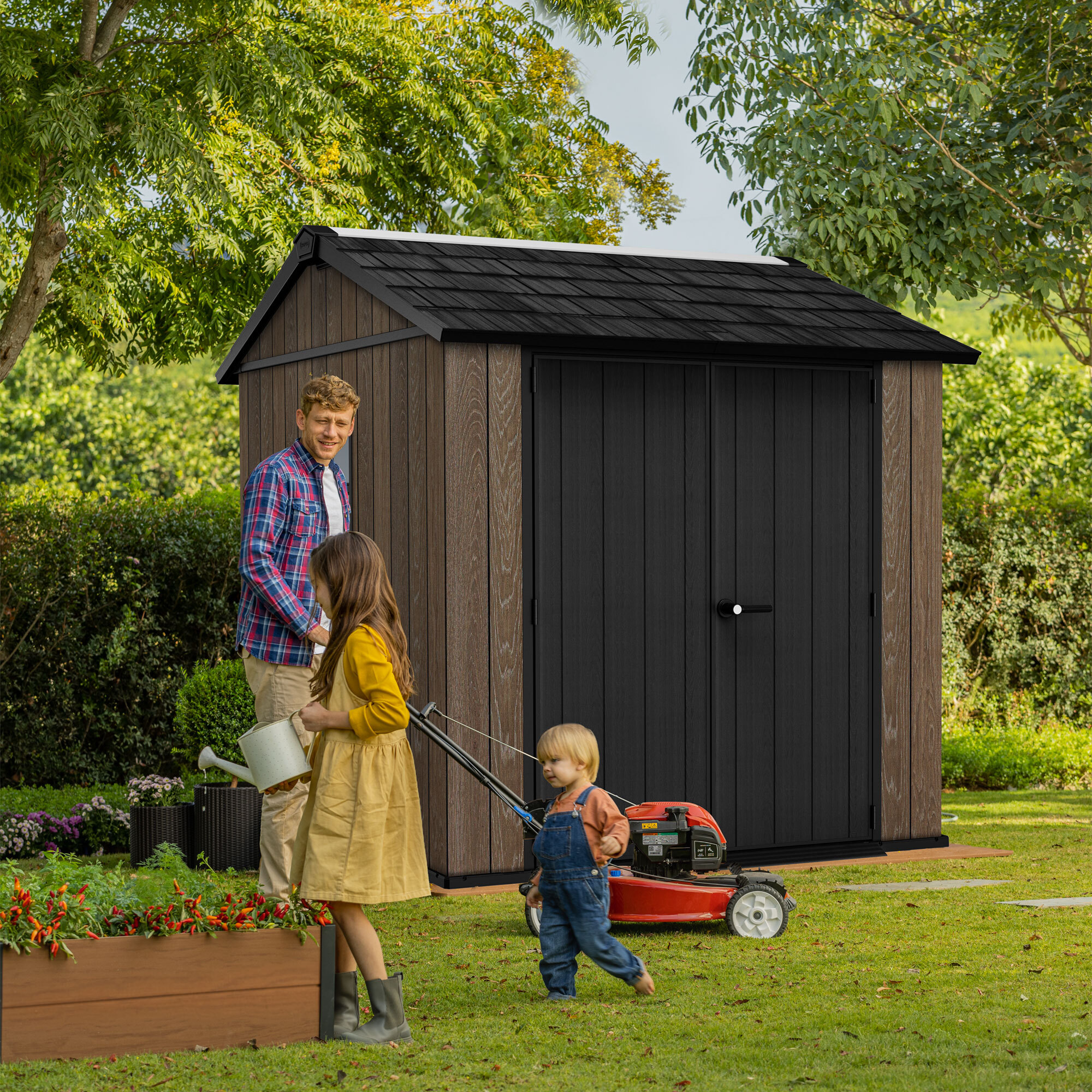 Apex 757/775 - Casetta da Giardino 223,8x246x230 cm 2 Ante per deposito attrezzi finitura effetto legno Evotech+ in Resina Marrone e Nero