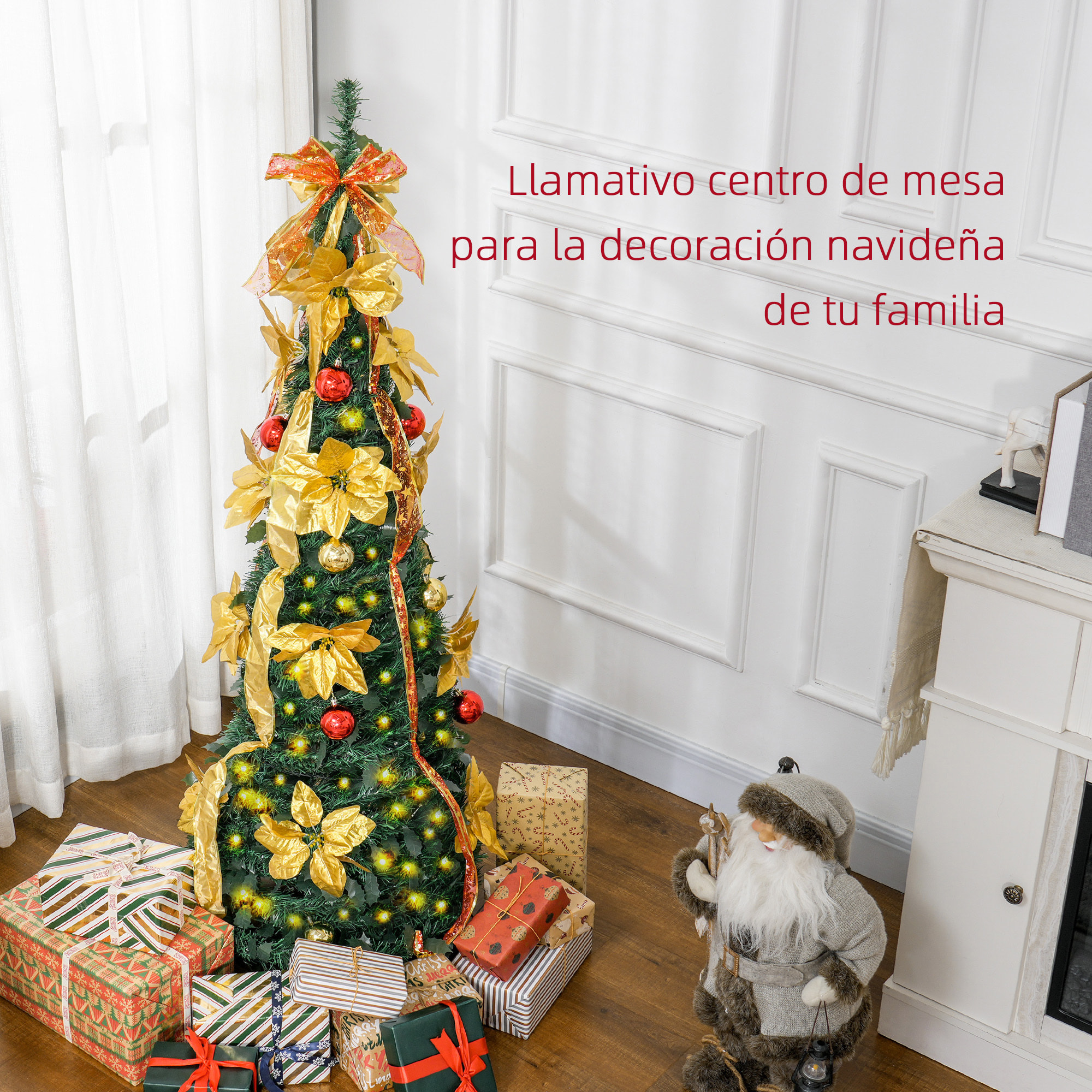 Árbol de Navidad 150 cm Árbol de Navidad Artificial Plegable con Luces LED y Adornos Pre-instalados Árbol Navideño para Interior Verde