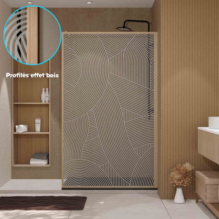 Paroi de douche 120 x 200 HINATA style Japandi courbes douces - Cadre effet Bois - Verre 6mm
