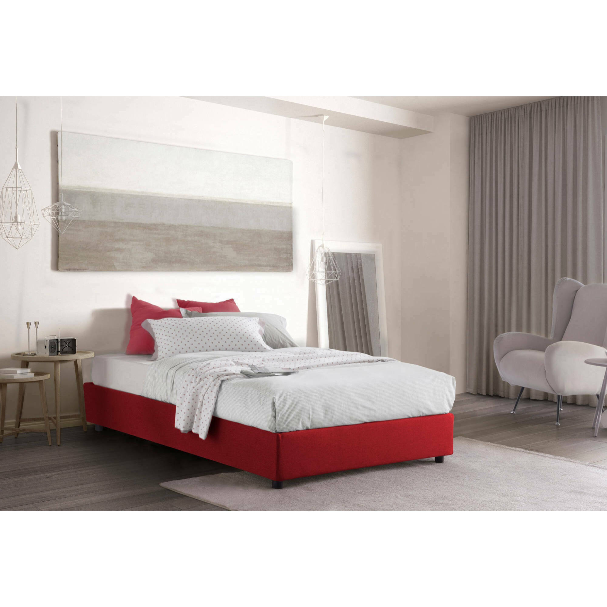 Letto piazza e mezza Gaia, Letto contenitore con rivestimento in tessuto, 100% Made in Italy, Apertura laterale, con materasso Cm 120x190 incluso, Rosso