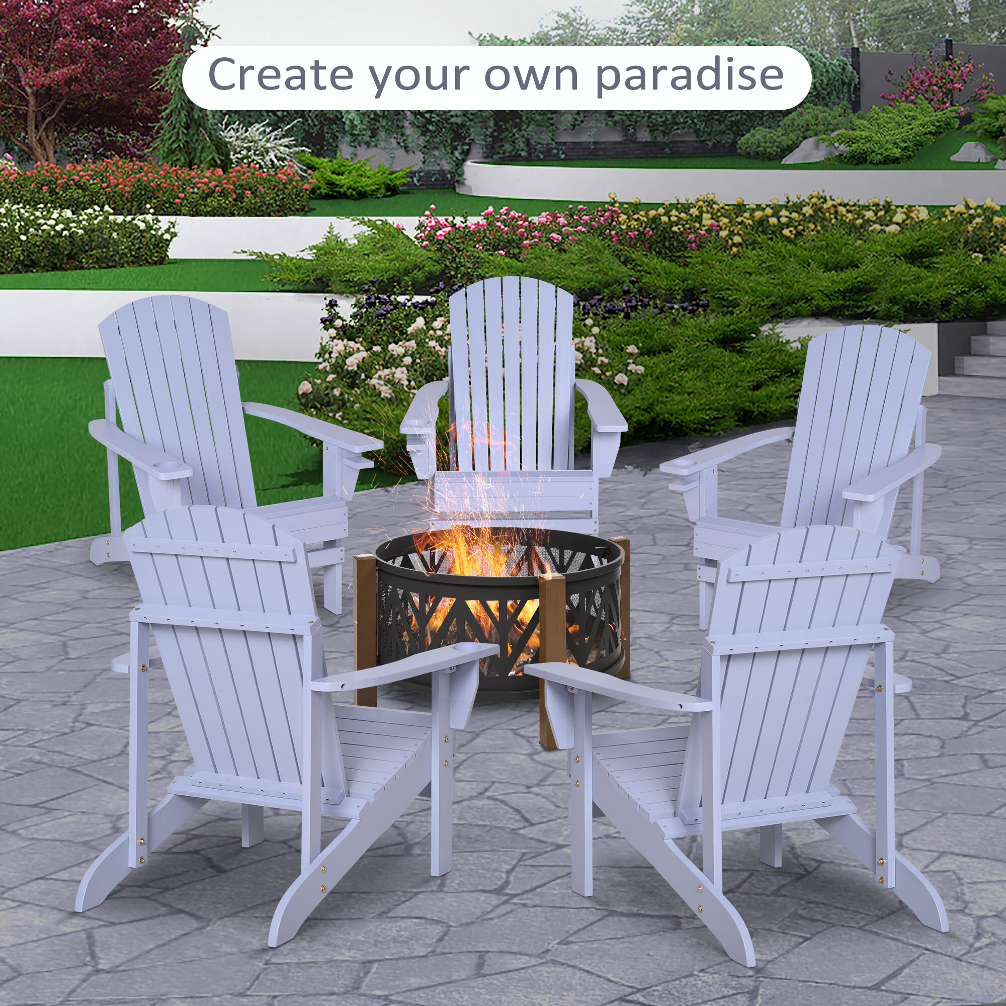 Fauteuil de jardin Adirondack grand confort porte-gobelet intégré bois de sapin traité peint gris
