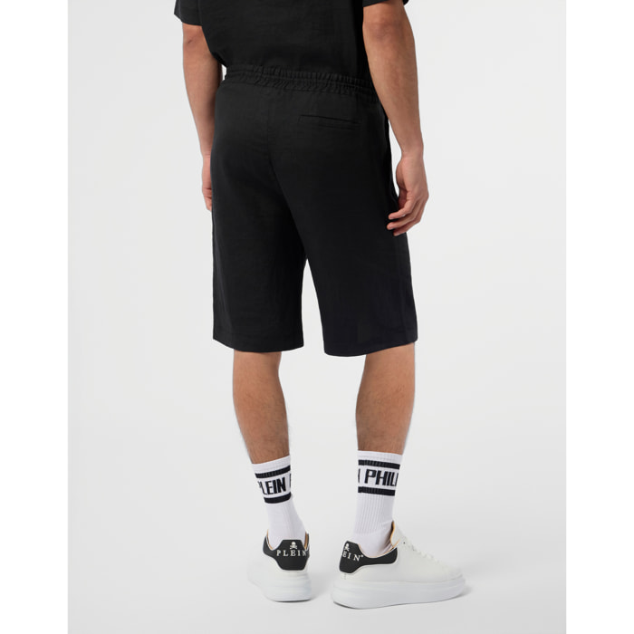 PHILIPP PLEIN Embroidered Linen Bowling Shorts Tattoo Strass