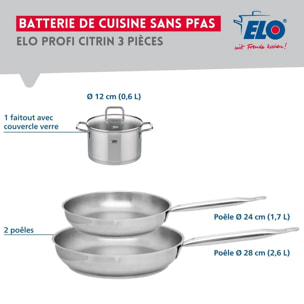 Set de 2 Poêles de cuisson 24 et 28 cm et 1 faitout 12 cm Elo Profi Citrin
