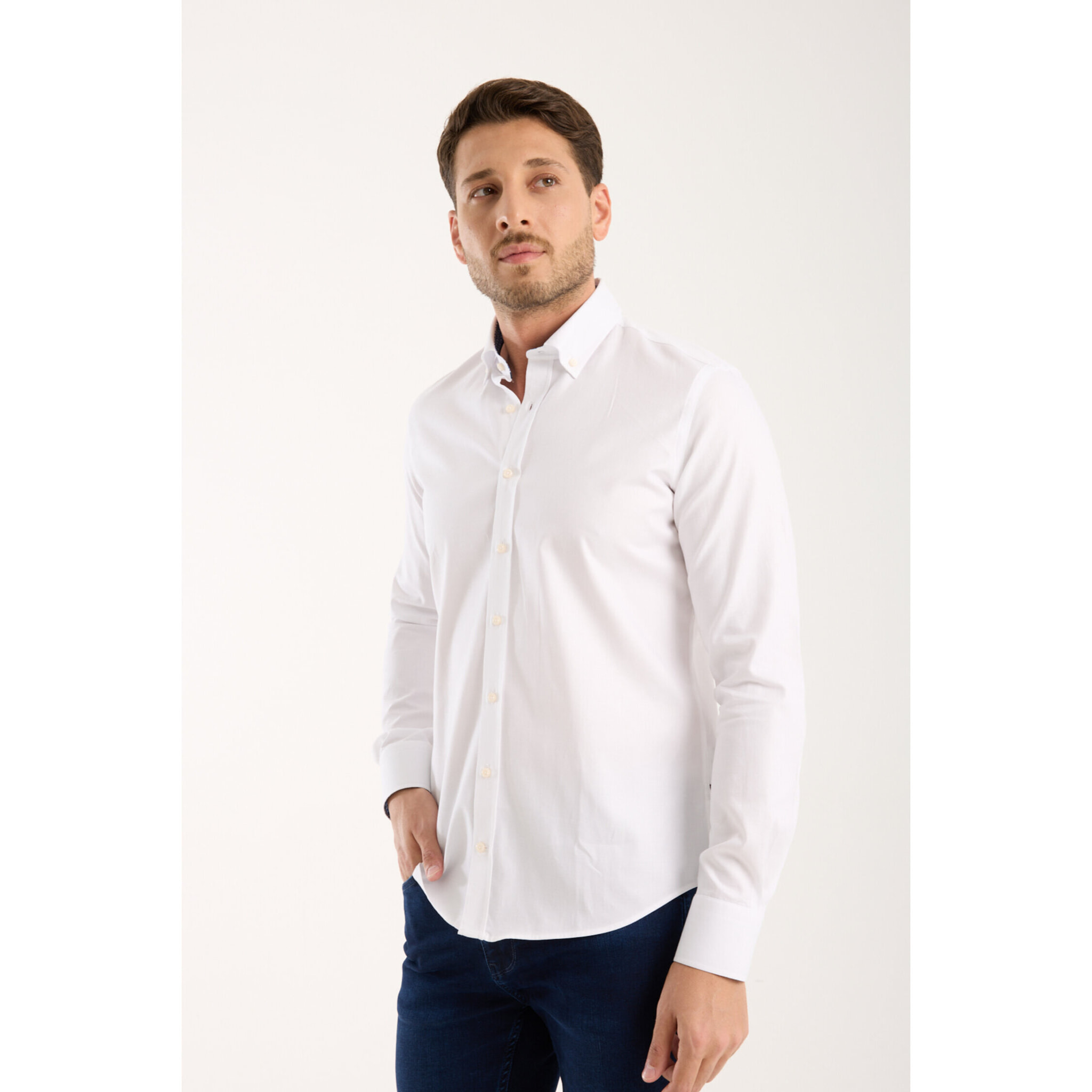 camicia uomo 1 bottone button down slim Armaturato Fantasia Bianco e Bianco