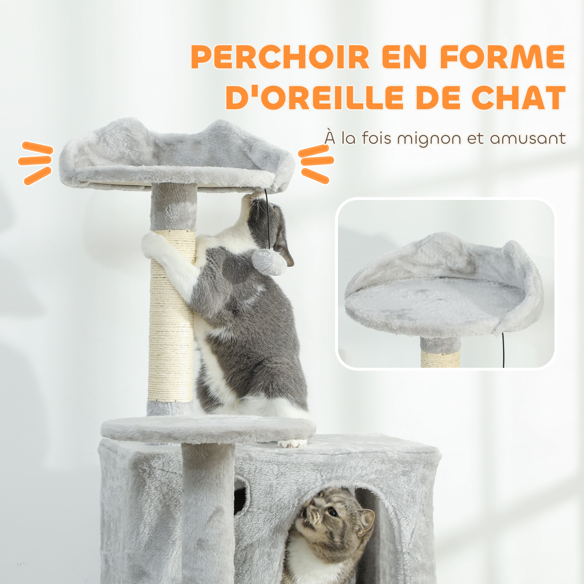 Arbre à chat grande taille H.180cm - niches, hamac, griffoirs, plateformes - gris clair