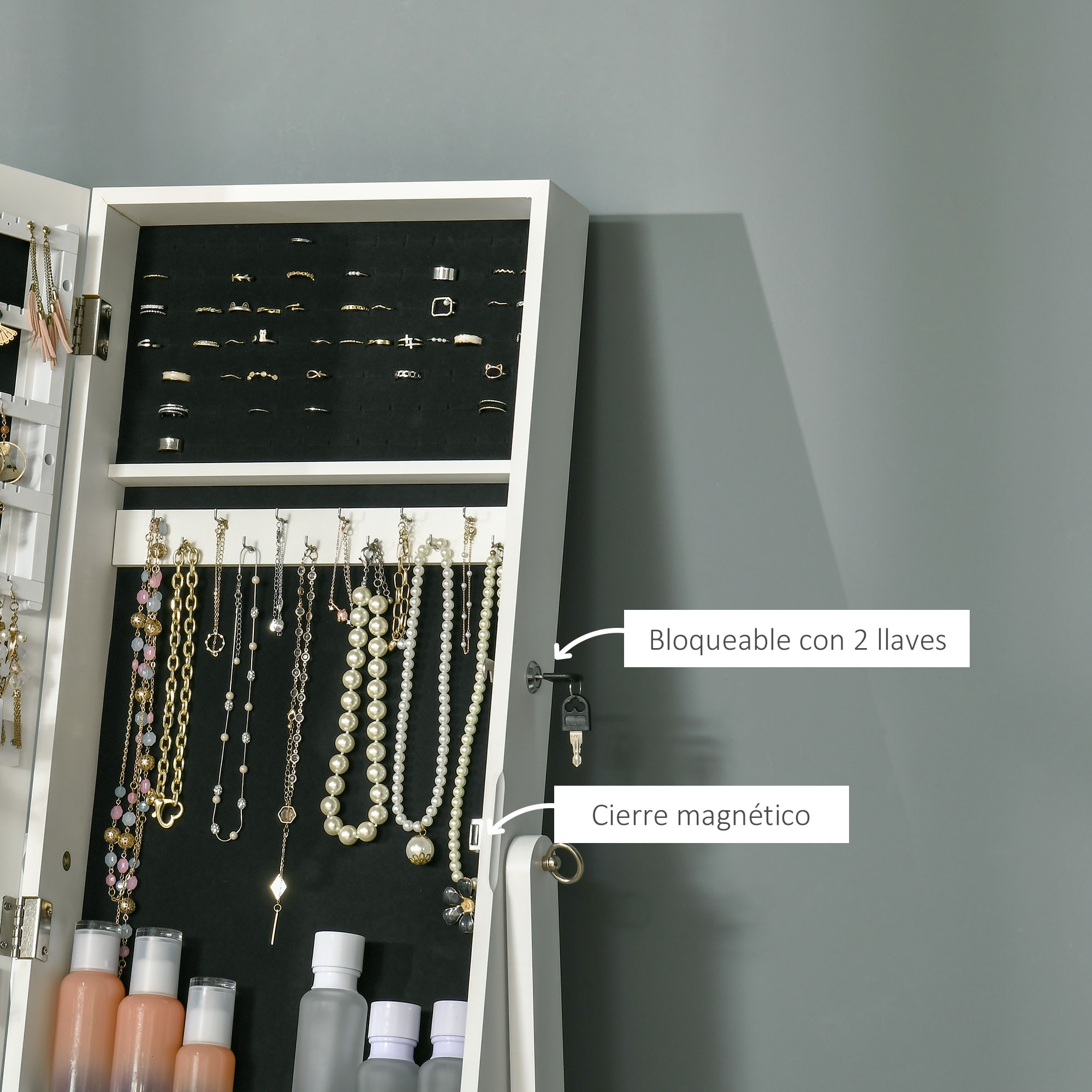 Espejo Joyero Pie con 4 ángulos Ajustables Cerradura Magnética 46x36,5x151,5 cm