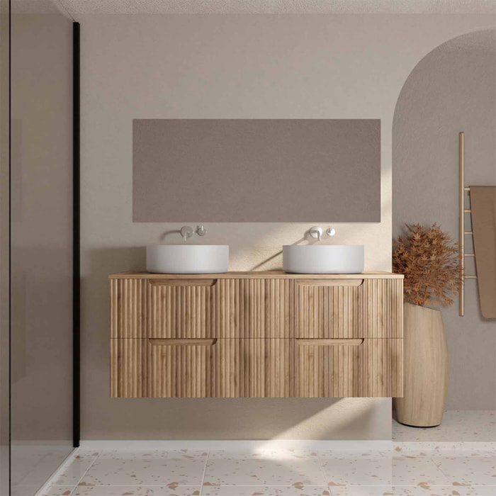 Meuble de Salle de Bains LEON 120cm Décor Bois - 4 Tiroirs en MDF Ondules - Vasques Rondes 36cm