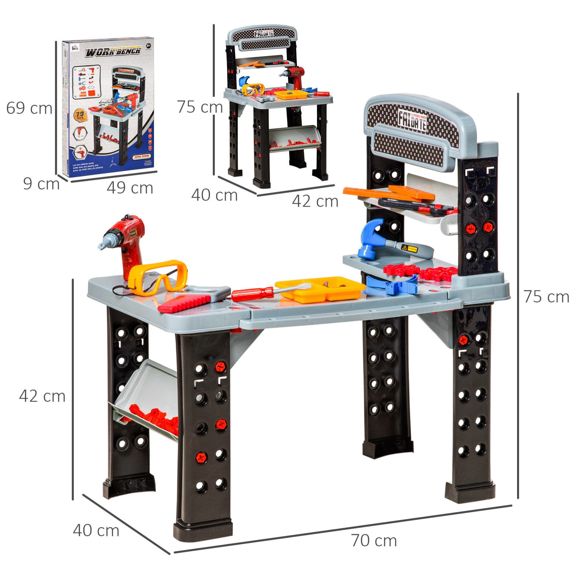 Etabli et outils pour enfant - jeu d'imitation bricolage - nombreux accessoires plus de 79 pièces & outils variés - PP noir gris