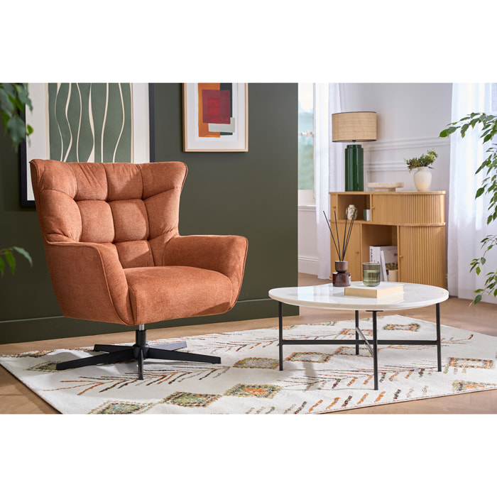 Fauteuil scandinave pivotant en tissu effet velours texturé bleu foncé et métal AVERY