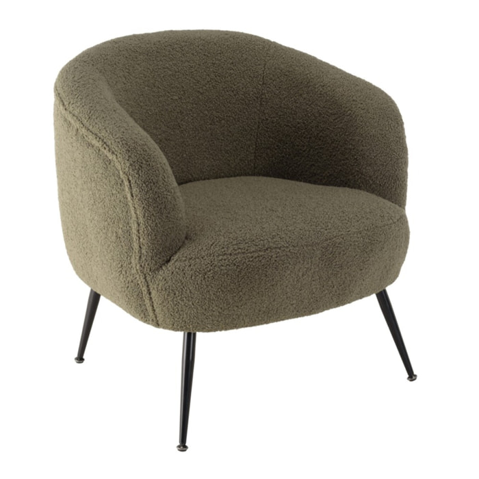 AGATHE - Fauteuil cosy tissu bouclette vert kaki pieds métal noir