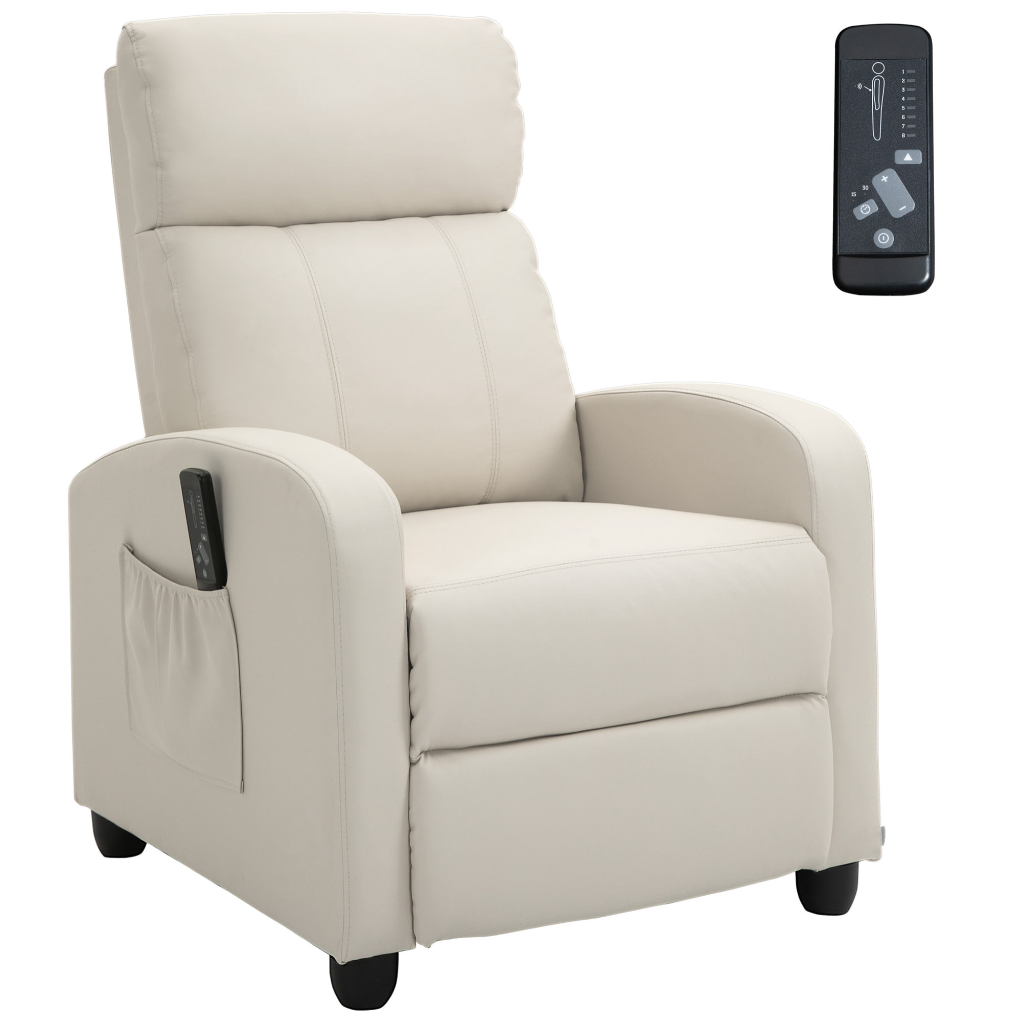 Sillón de Masaje Sillón Relax Reclinable con Mando a Distancia 2 Zonas de Masaje 8 Programas 5 Niveles de Intensidad 1 Bolsillo Lateral y Temporizador Tapizado en PU 68x88x98 cm Crema