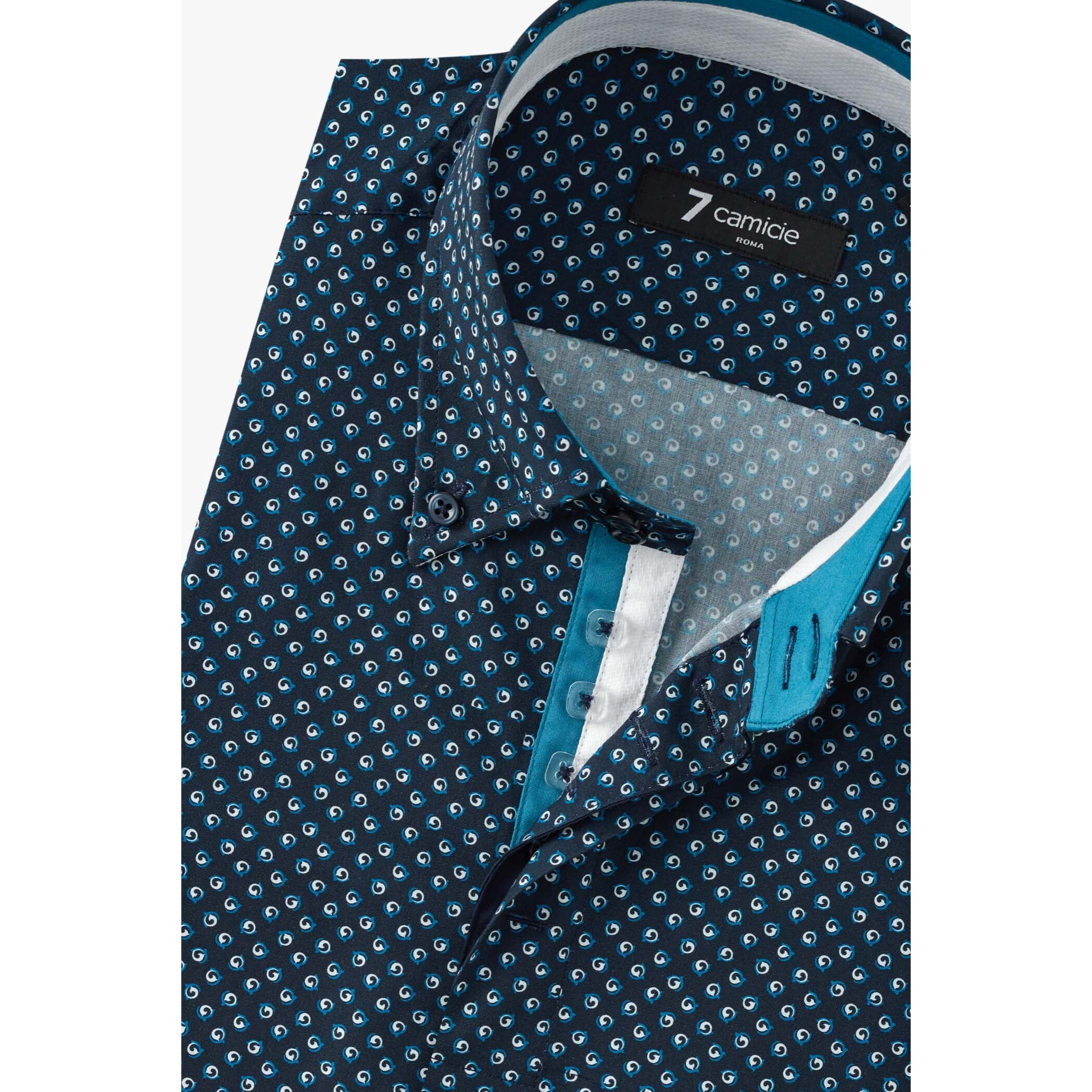 Camicia Uomo 2 Bottoni Button Down Slim Popeline Stampato Blu/Turchese