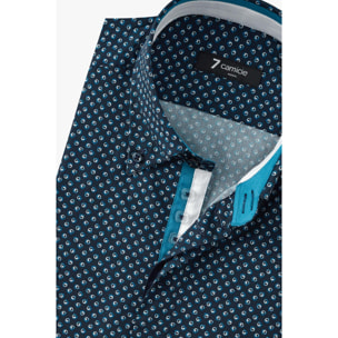 Camicia Uomo 2 Bottoni Button Down Slim Popeline Stampato Blu/Turchese