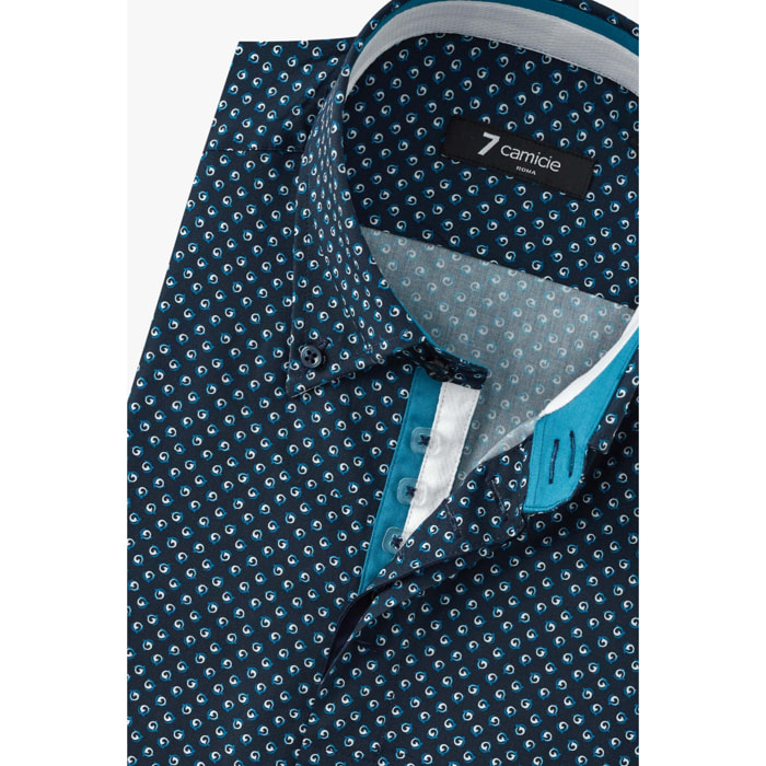 Camicia Uomo 2 Bottoni Button Down Slim Popeline Stampato Blu/Turchese