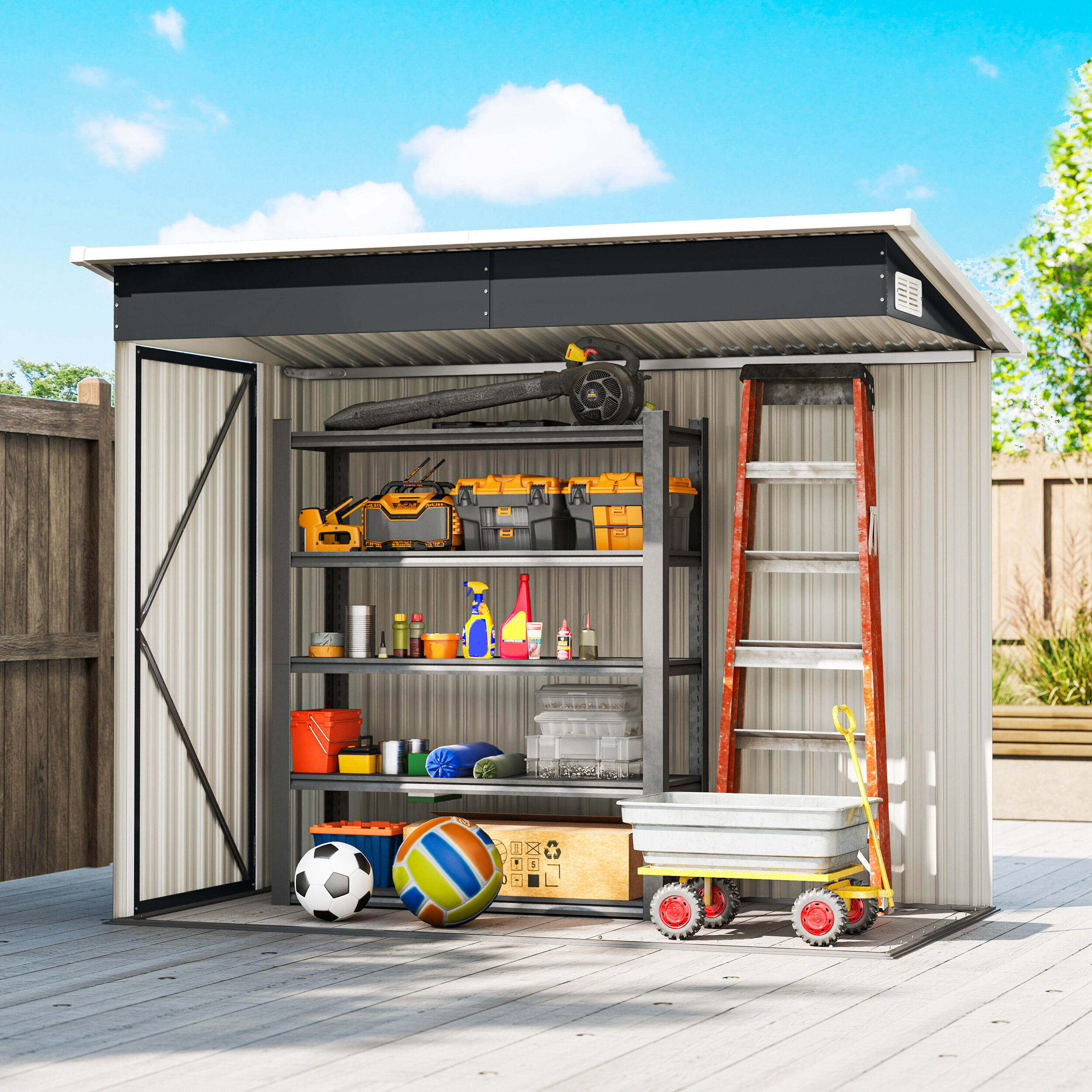 Caseta de Jardín Exterior 2,7 m², 234x132x185 cm, Cobertizo de Jardín Exterior Metálico con Triple Puerta, Cerradura, Techo Inclinado y Ventilación para Almacenamiento de Herramientas, Gris