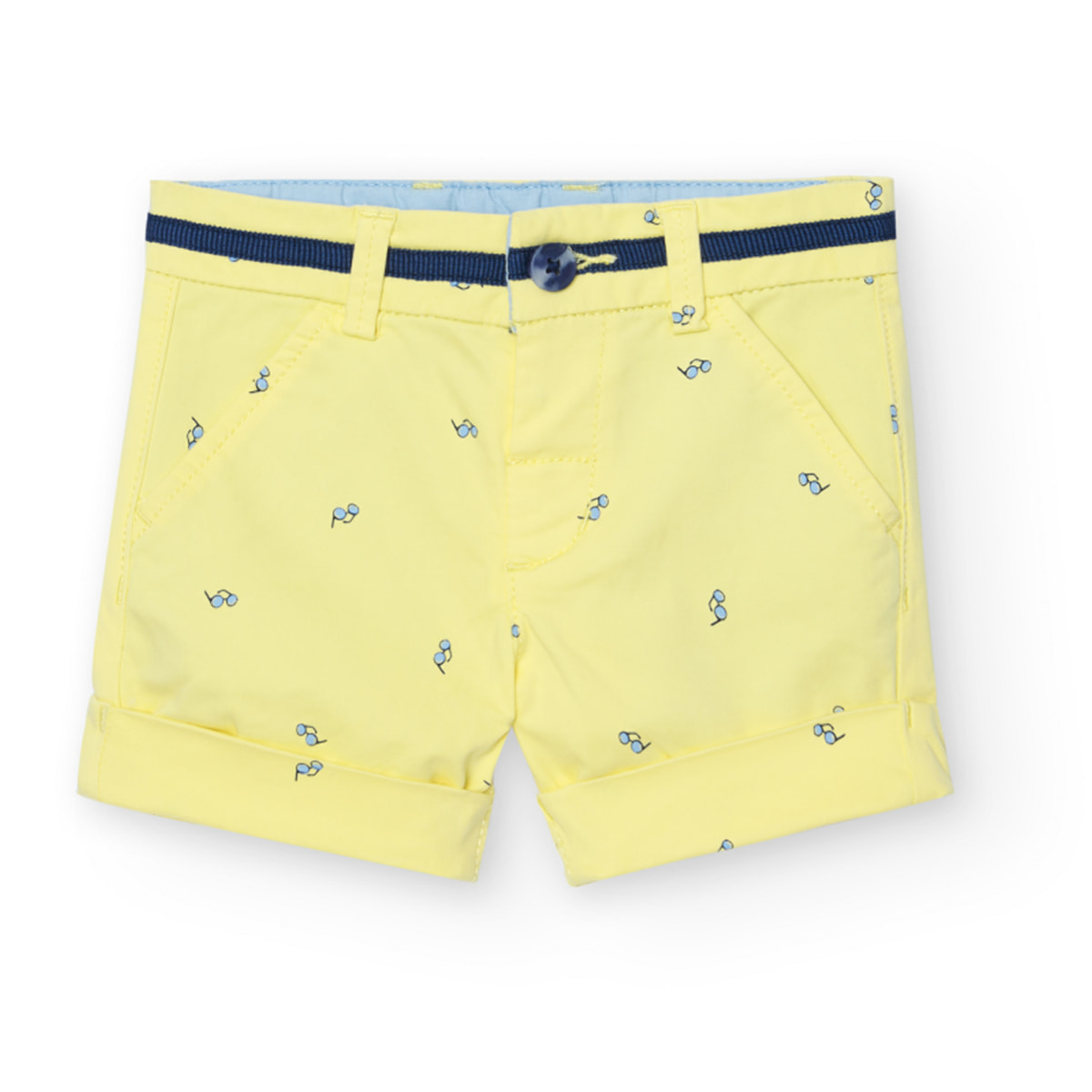 Bermudas niño, satén estampado, amarillo, cierre de botón
