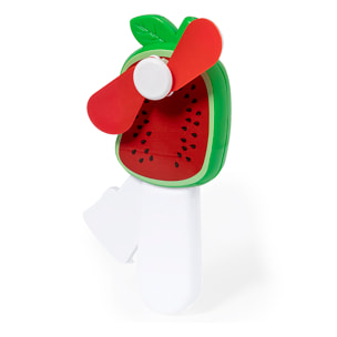 Ventilatore manuale portatile con un divertente design a forma di anguria. Funziona tramite una leva integrata, senza batterie.
