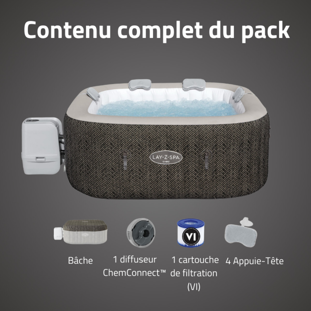 Bestway Spa gonflable carré Lay-Z-Spa Cabo Smart HydroJet EnergySense avec WiFi 4-6 personnes