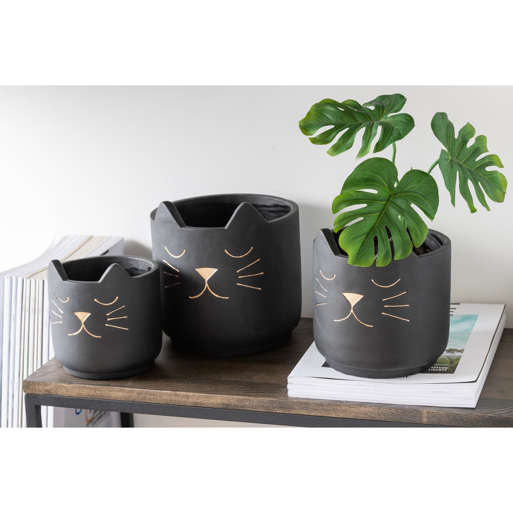 J-Line cache-pot Chat - céramique - noir/or - large - Ø 19 cm