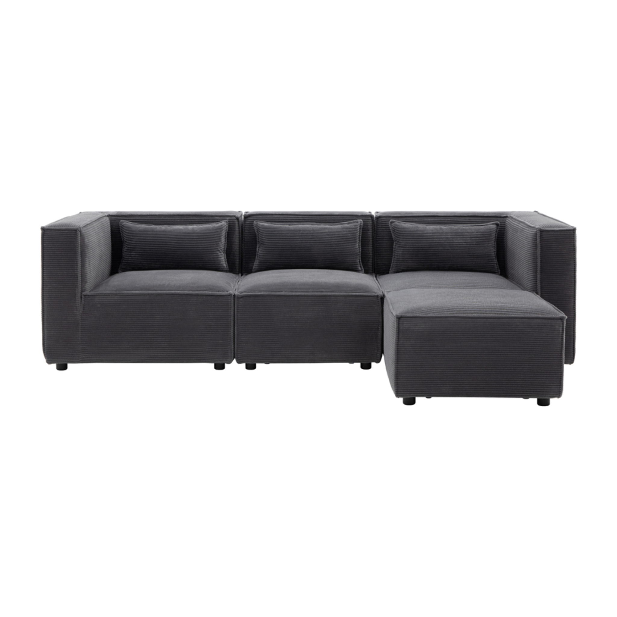 RAMOS Canapé modulable 3 places velours côtelé gris avec pouf