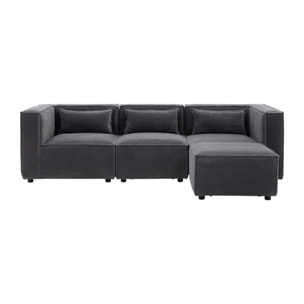 RAMOS Canapé modulable 3 places velours côtelé gris avec pouf