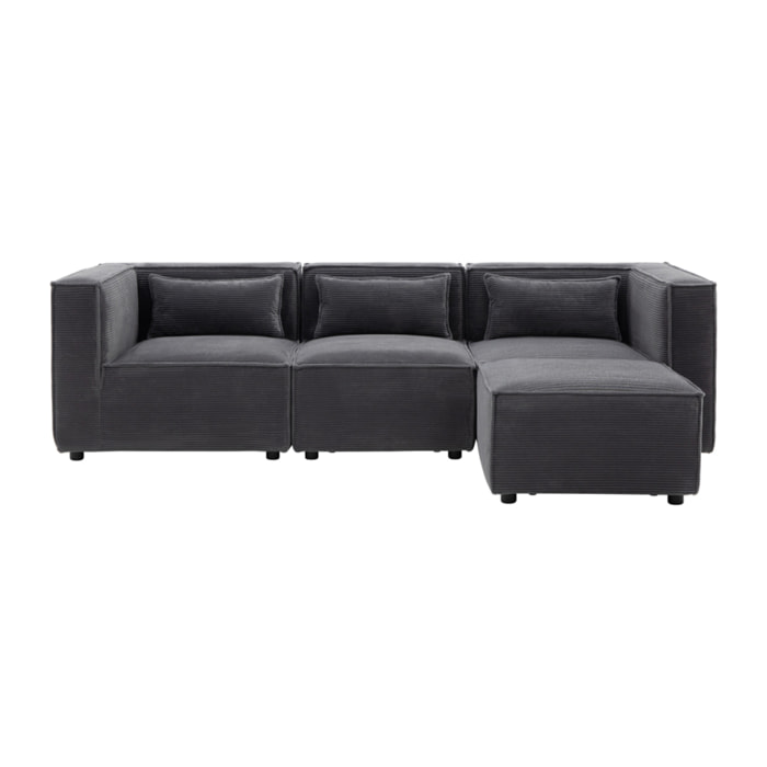 RAMOS Canapé modulable 3 places velours côtelé gris avec pouf