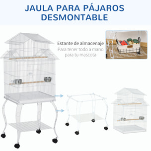 Jaula para Pájaros con Ruedas 50x49x137cm con Bandeja Extraíble Comederos Blanco