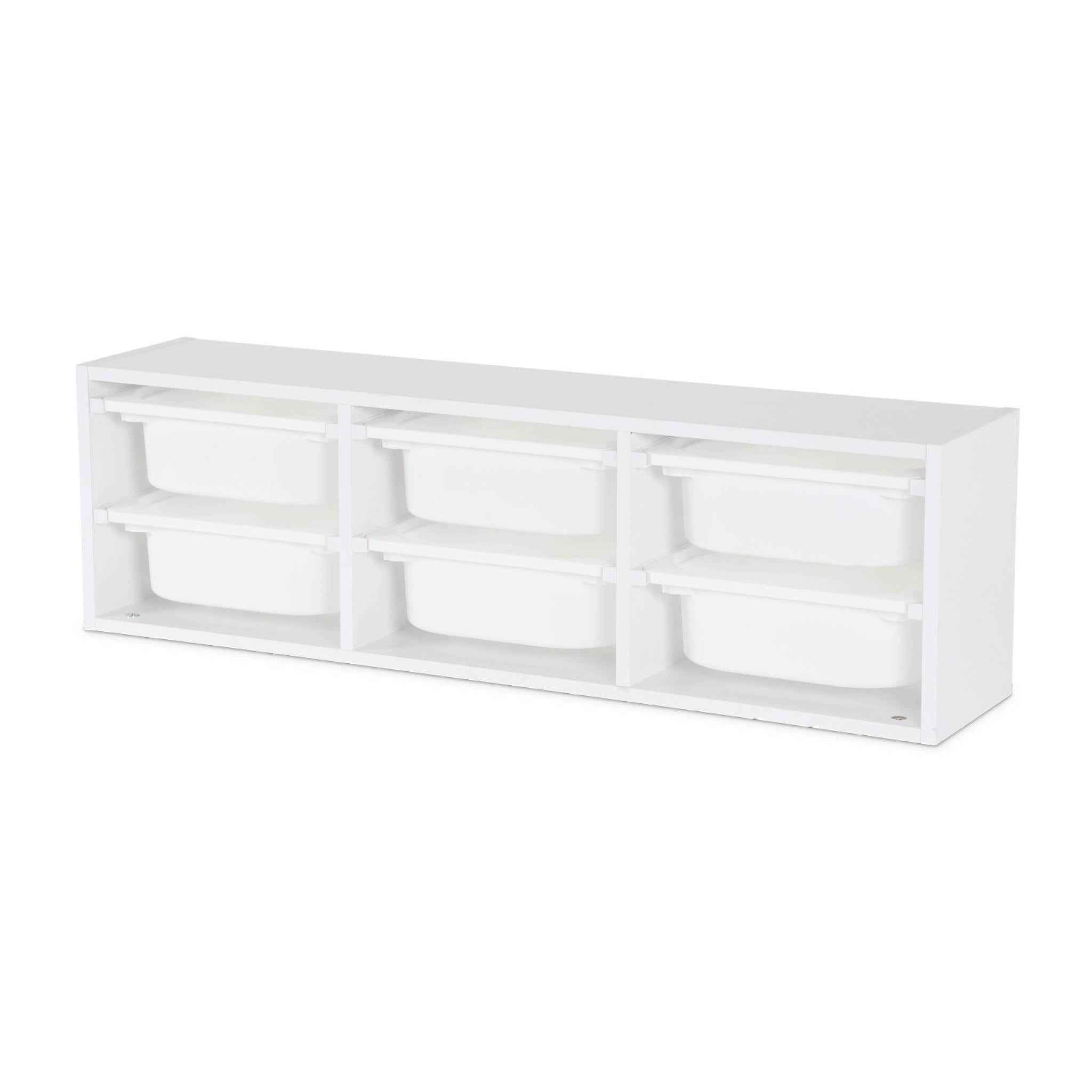Meuble de rangement pour enfant. blanc. 6 bacs en plastique