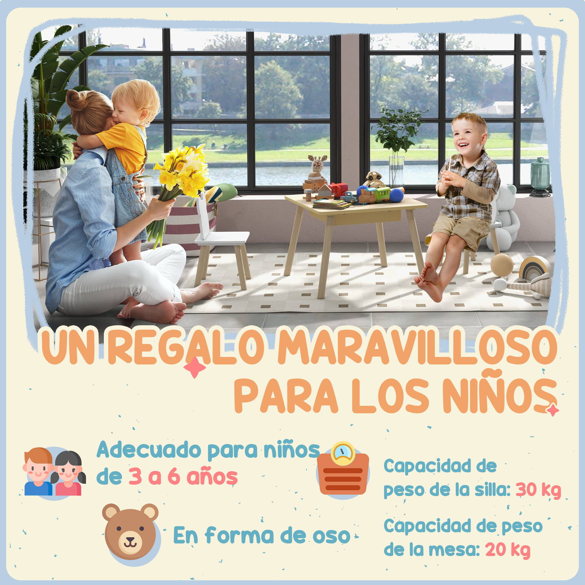 Juego de Mesa y 2 Sillas Infantiles de Madera, Mesa Infantil con Sillas, con Pizarra, Respaldo en Forma de Osito y Compartimentos, para Niños, para Guardería, Dormitorio, Natural y Blanco