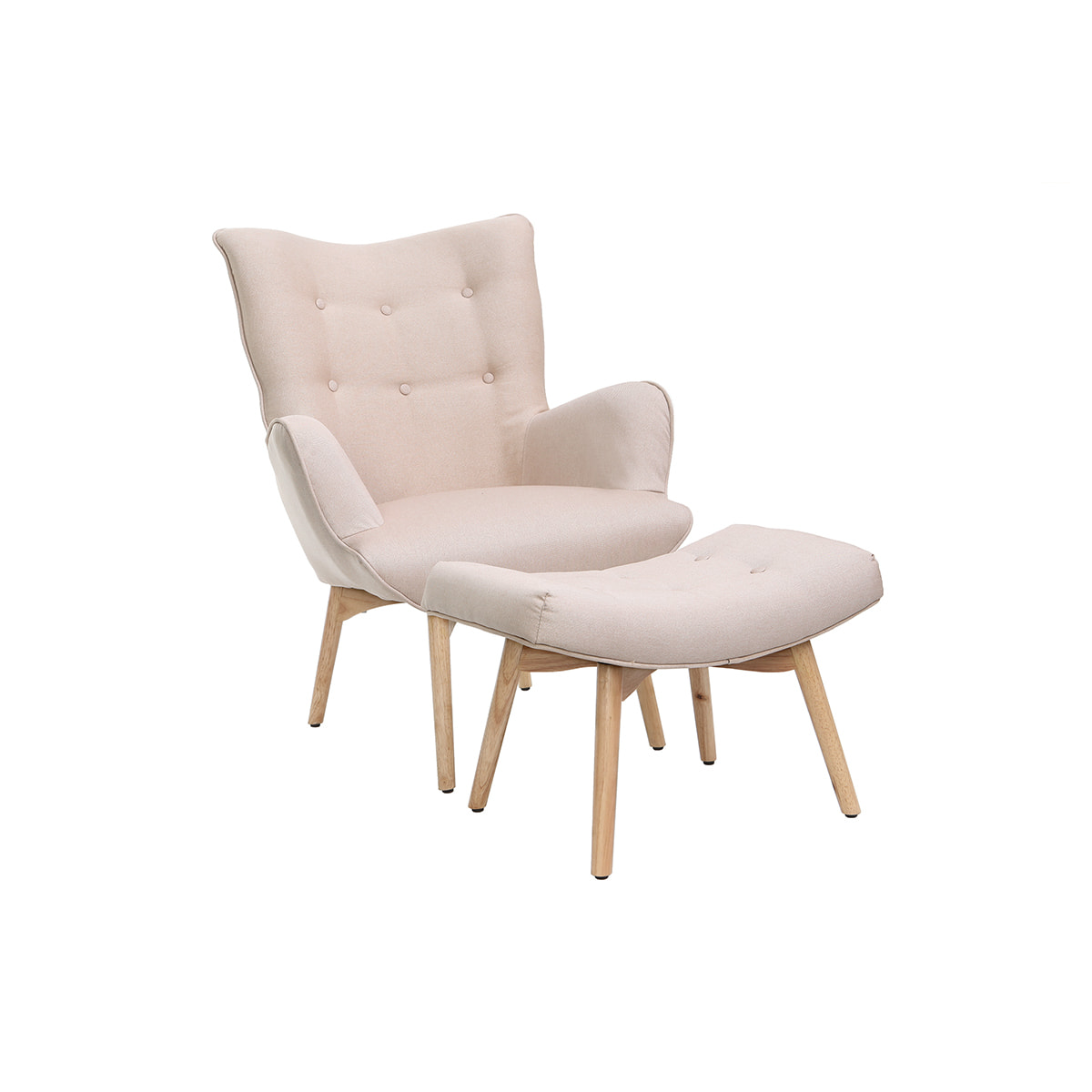 Fauteuil avec repose-pieds scandinave en tissu rose poudré et bois clair BRISTOL