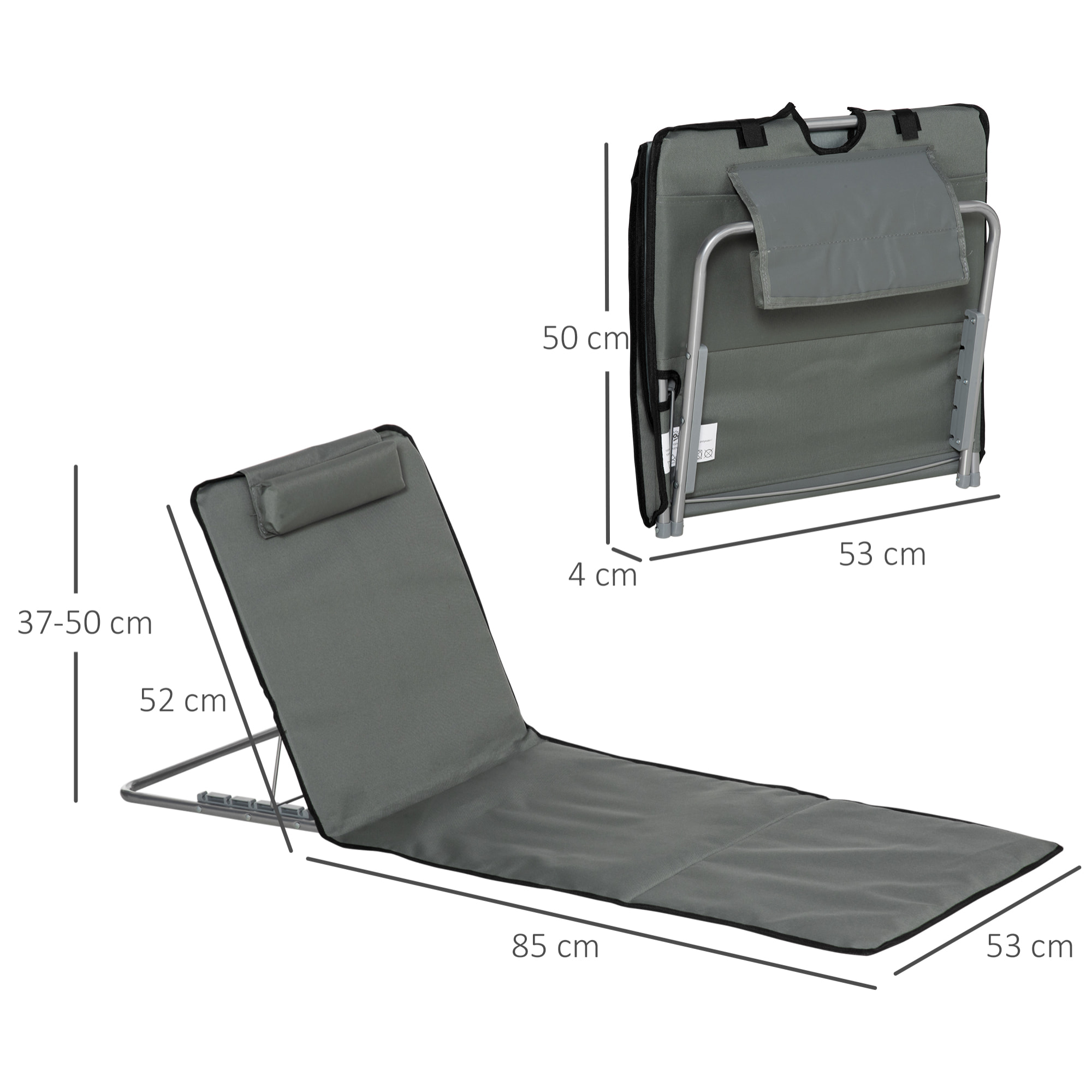 Set de 2 Esterillas de Playa Plegables 124x53x35-45 cm con Respaldo Ajustable 5 Niveles y Reposacabezas Esteras de Playa Portátil Tela Oxford Acero con Bolsa Transporte para Jardín Gris