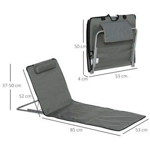 Set de 2 Esterillas de Playa Plegables 124x53x35-45 cm con Respaldo Ajustable 5 Niveles y Reposacabezas Esteras de Playa Portátil Tela Oxford Acero con Bolsa Transporte para Jardín Gris