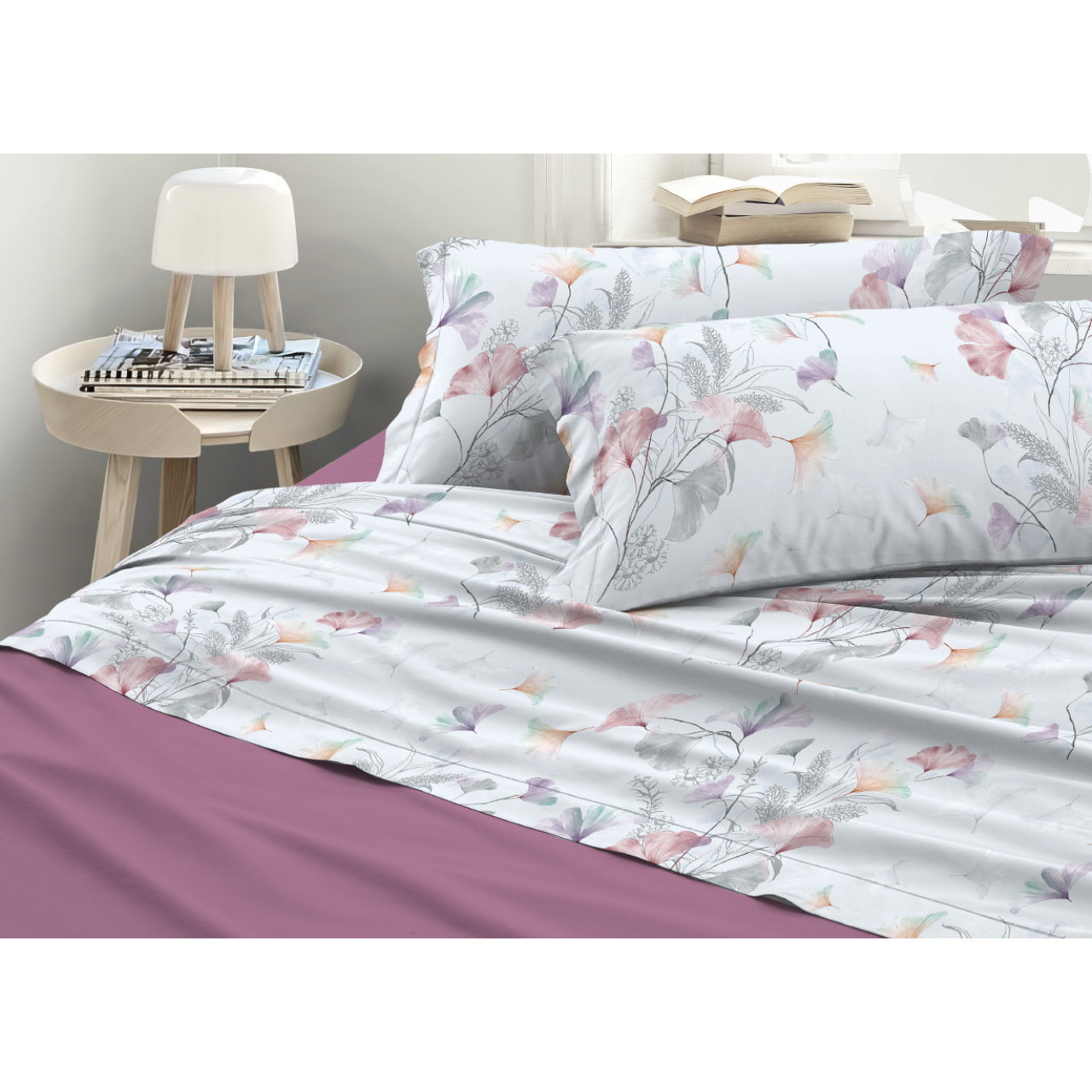 Completo Lenzuola Matrimoniale in Raso 60/60 Morbidezza Eleganza Floreale Ginko Colors