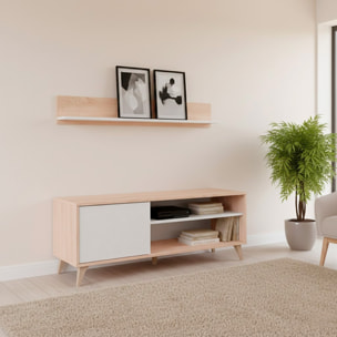 Mobile TV Con Mensola Parete Attrezzata In Stile Nordico Da 135 Cm Con Anta Push E Vani Multimediali Mobile Porta TV 135 x 50 x 40 Cm Rovere E bianco