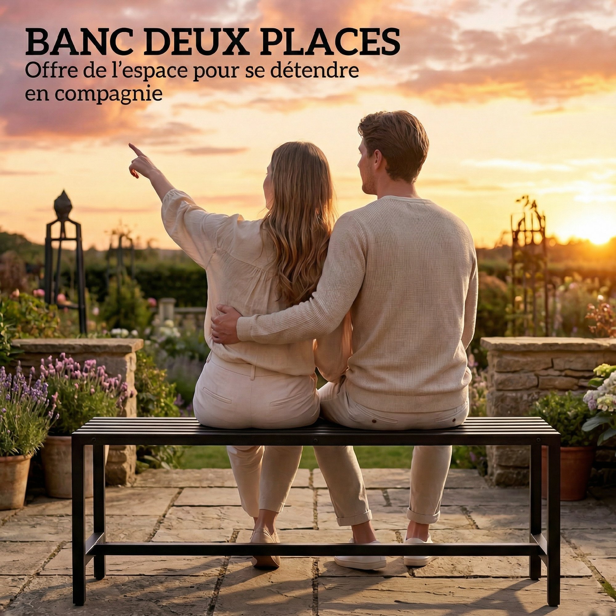 Banc de jardin 2 places assise à lattes acier galvanisé noir