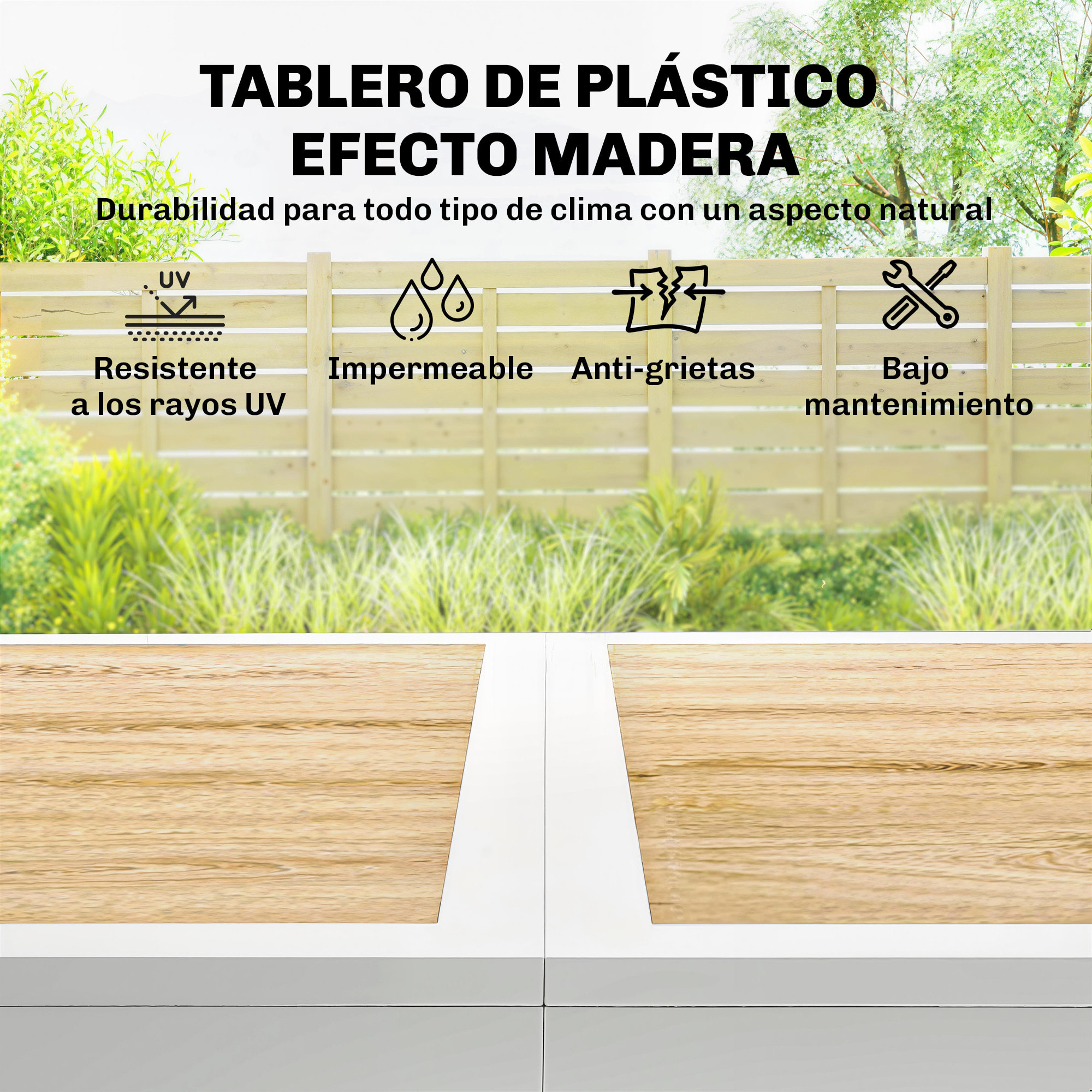 Conjunto de Mesa y Sillas Jardín de 7 Piezas, Muebles Jardín Exterior con Mesa de Plástico PSPC, 6 Sillas Apilables Transpirables, Marco de Acero Resistente a la Intemperie, Blanco