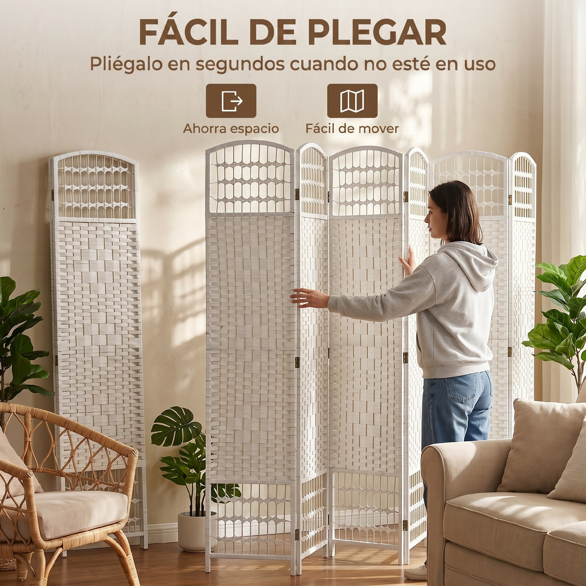 HOMCOM Biombo Plegable de 6 Paneles, 240x170 cm, Biombo Separador de Ambientes de Cuerda de Papel, Marco de Madera, Decoración para Dormitorio, Salón, Blanco