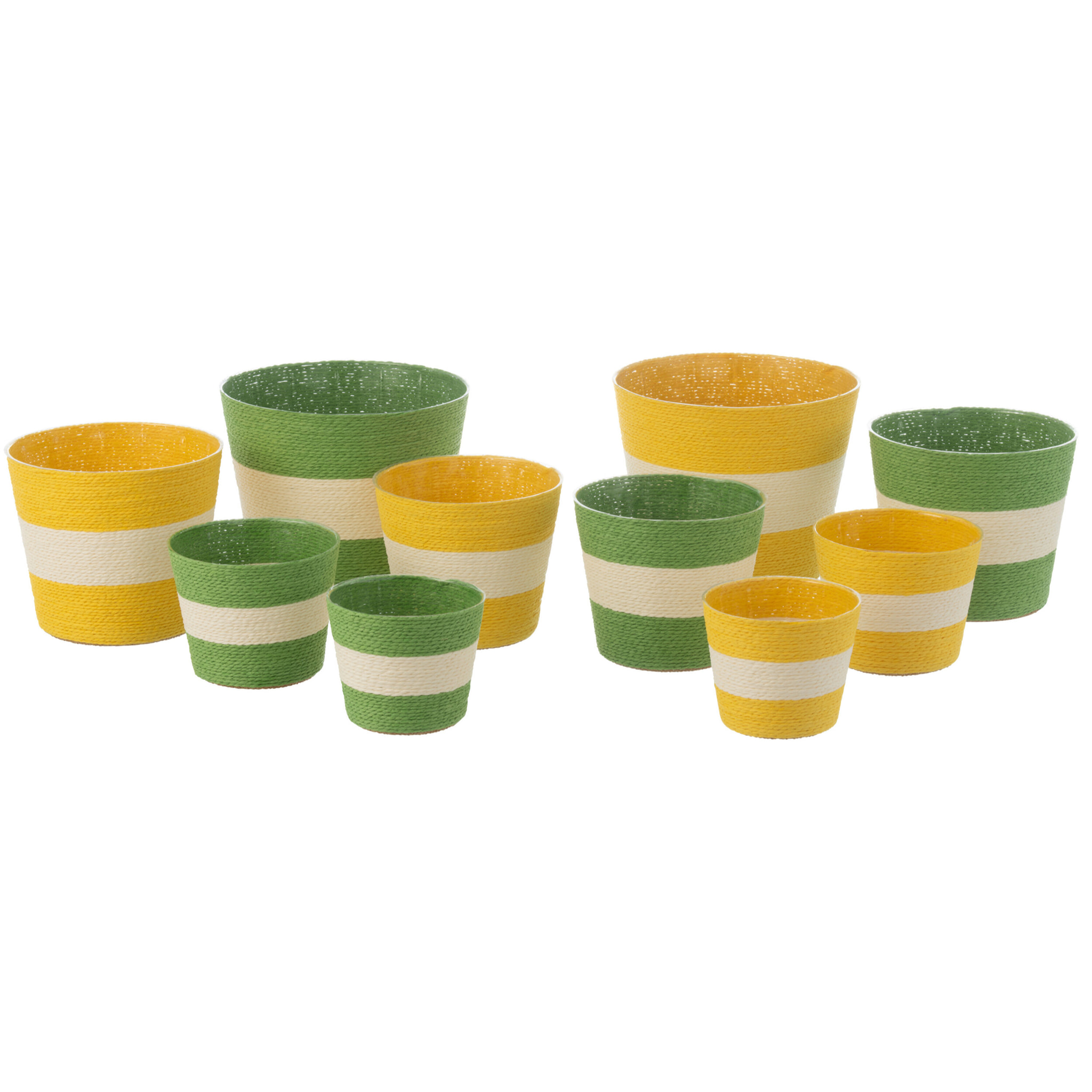 J-Line Cache-Pot Cordes Rayure Papier/Pet Jaune/Vert Extra Large Assortiment De 2